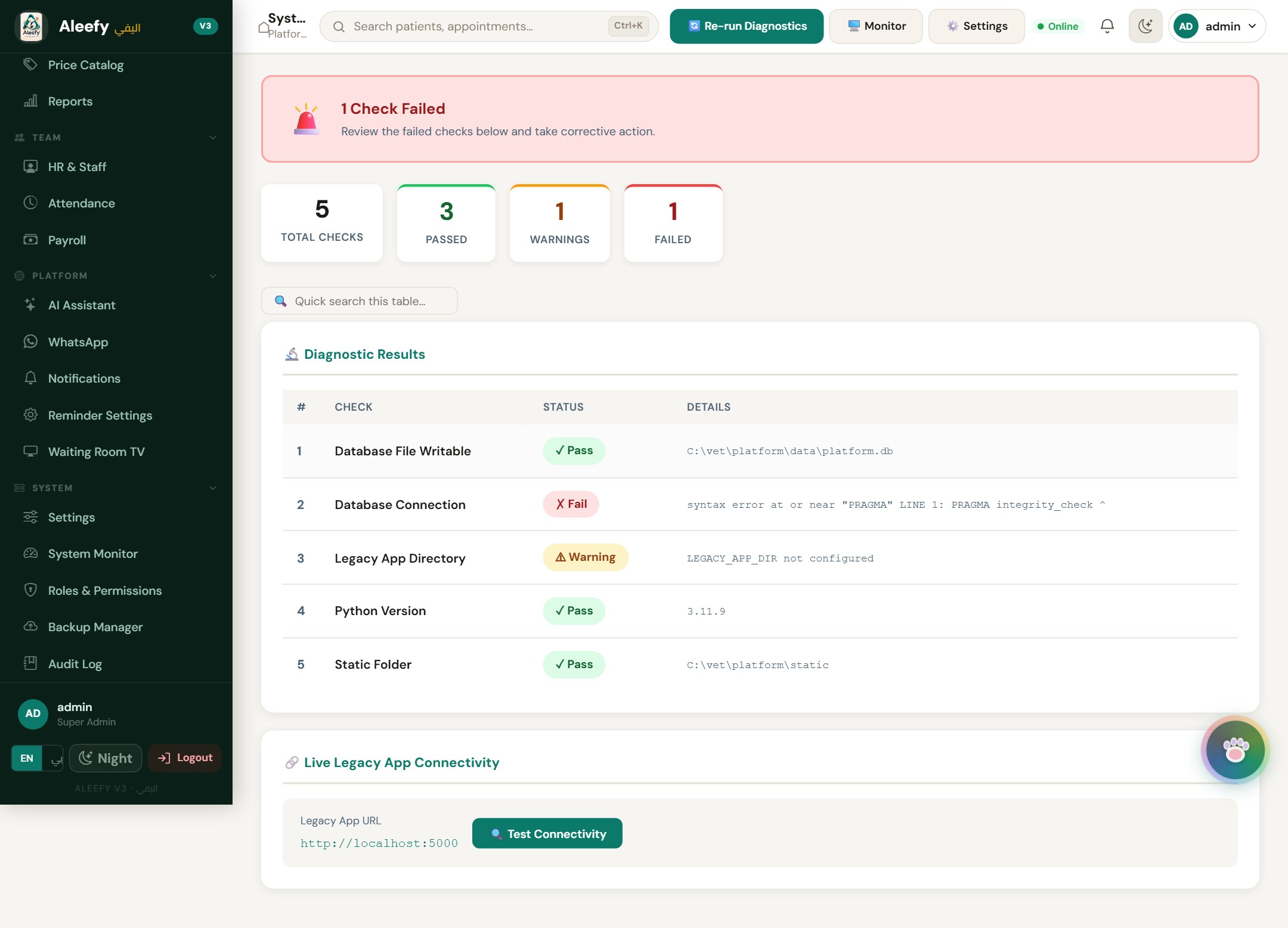 Aleefy System Diagnostics screen